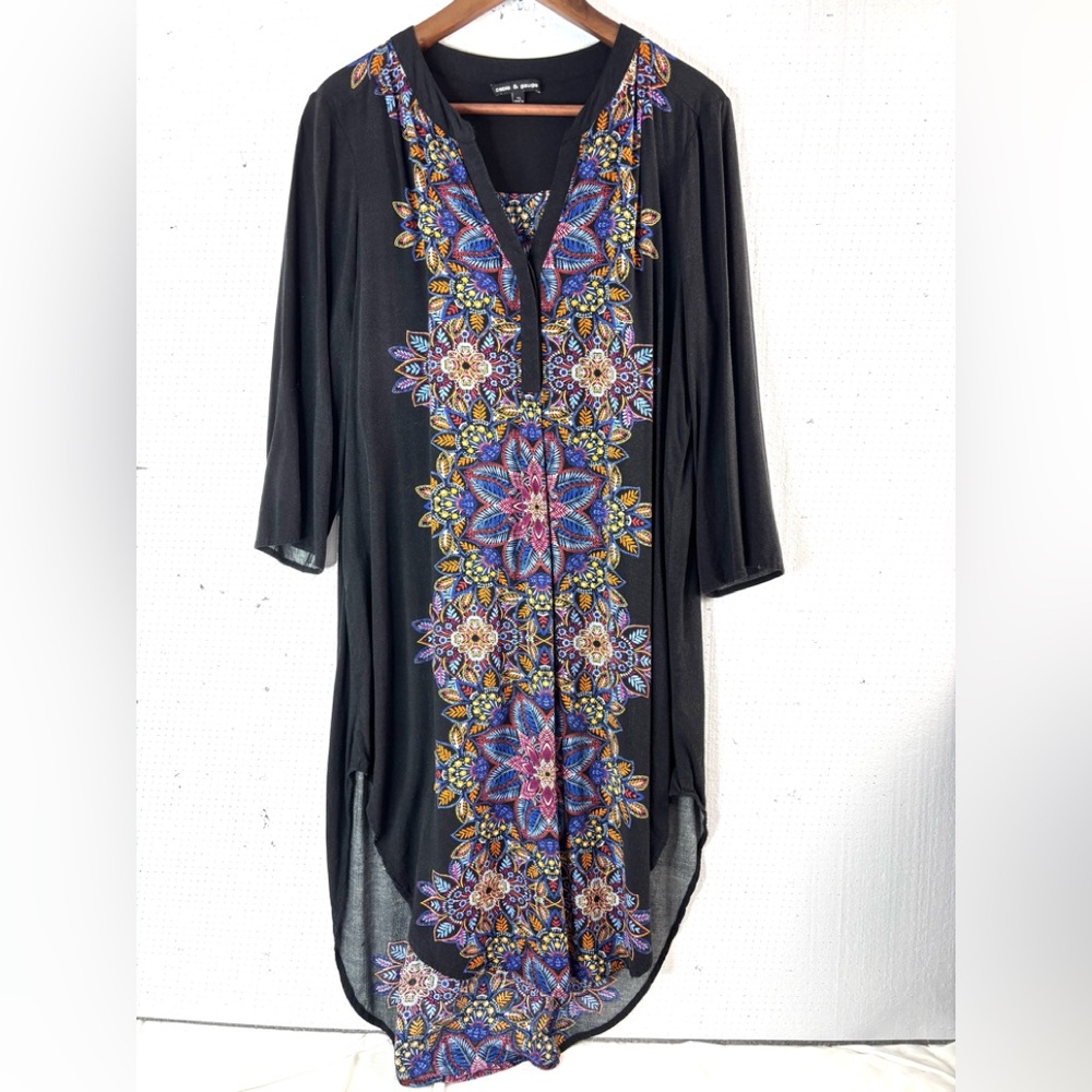 Cable & Gauge XL Boho Brightly Embroidered Look Festival Midi Dress in Black